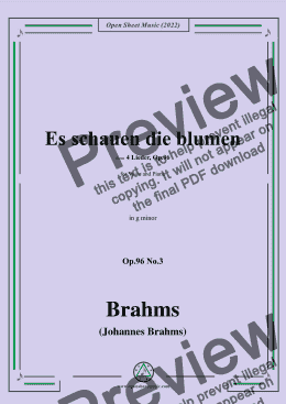 page one of Brahms-Es schauen die blumen,Op.96 No.3 in g minor,for Voice and Piano