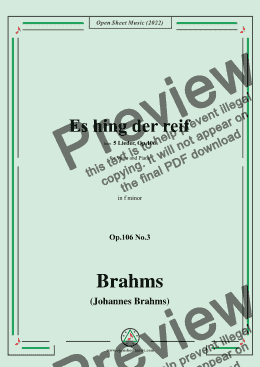 page one of Brahms-Es hing der reif,Op.106 No.3 in f minor,for Voice and Piano