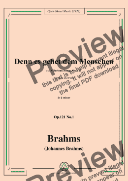 page one of Brahms-Denn es gehet dem Menschen,Op.121 No.1,in d minor,for Voice and Piano