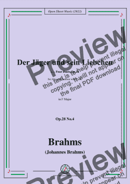 page one of Brahms-Der Jager und sein Liebchen-The Hunter and His Beloved,Op.28 No.4,in F Major,from Four Duets,Op.28