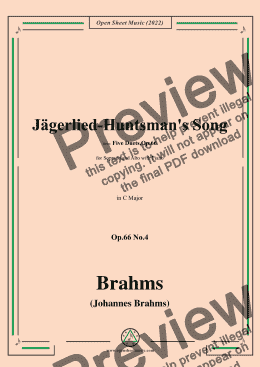 page one of Brahms-Jagerlied-Huntsmans Song,Op.66 No.4,in C Major,from Five Duets,Op.66