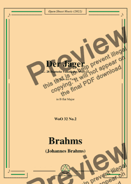 page one of Brahms-Der Jager,WoO 32 No.2,in B flat Major,for Voice and Piano