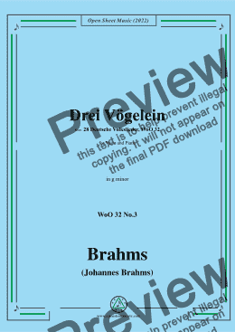 page one of Brahms-Drei Vogelein,WoO 32 No.3,in g minor,for Voice and Piano