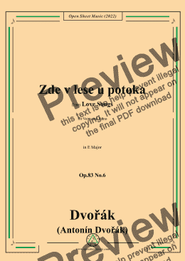 page one of Dvořák-Zde v lese u potoka,in E Major,Op.83 No.6,from Love Songs,for Voice and Piano