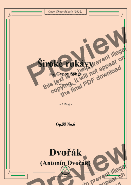 page one of Dvořák-Široké rukávy,in A Major,Op.55 No.6,from Gypsy Songs,for Voice and Piano