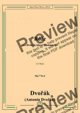 page one of Dvořák-Róže(The Rose),in A Major,Op.7 No.4,from Dvůr Kralove Manuscript,for Voice and Piano