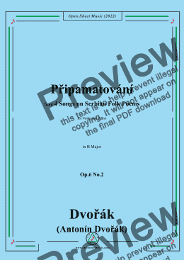 page one of Dvořák-Připamatování,in B Major,Op.6 No.2,from 4 Songs on Serbian Folk Poems,for Voice and Piano