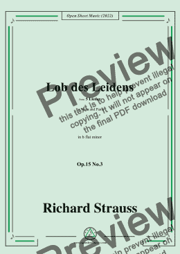 page one of Richard Strauss-Lob des Leidens,in b flat minor,Op.15 No.3,from 5 Lieder,for Voice and Piano