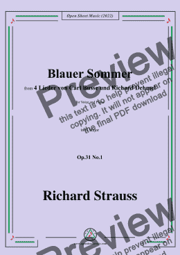 page one of Richard Strauss-Blauer Sommer,in B Major,Op.31 No.1,for Voice and Piano