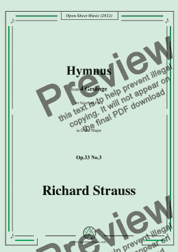 page one of Richard Strauss-Hymnus,in D flat Major,Op.33 No.3,for Voice and Piano