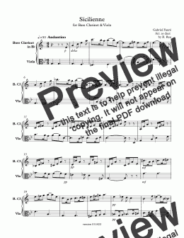 page one of Sicilienne - Duet for Bass Clarinet and Viola