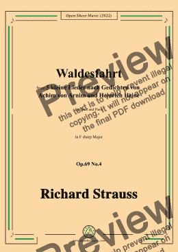 page one of Richard Strauss-Waldesfahrt,in F sharp Major,Op.69 No.4,for Voice and Piano