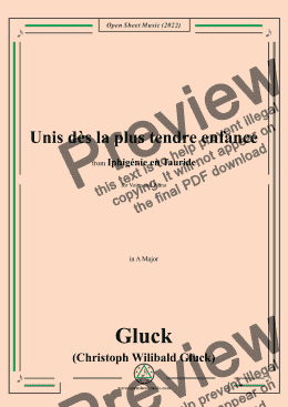 page one of Gluck-Unis dès la plus tendre enfance,in A Major,from 'Iphigénie en Tauride',for Voice and Piano