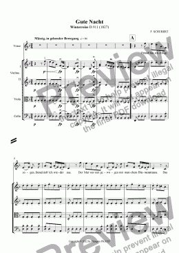 page one of SCHUBERT: Gute Nacht  (excerpt from Winterreise) arranged for voice and string quartet