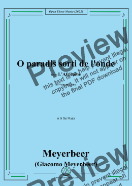 page one of Meyerbeer-O paradis sorti de l'onde,in G flat Major,from L'Africaine,for Voice and Piano