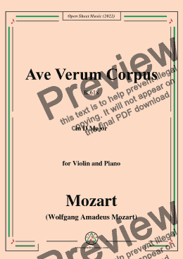 page one of Mozart-Ave Verum Corpus,K.618,in D Major,for Violin and Piano