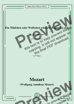 page one of Mozart-Aria:Ein Mädchen oder Weibchen wünscht Papageno sich,in F Major,K.620 No.20