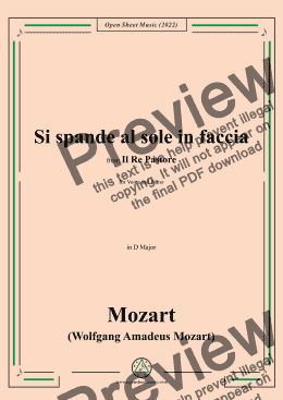 page one of Mozart-Si spande al sole in faccia,in D Major,fromIl rè pastore,for Voice and Piano