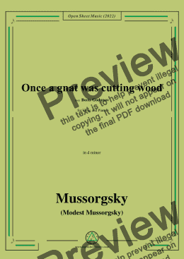 page one of Mussorgsky-Once a gnat was cutting wood,from Boris Godunov,in d minor,for Voice and Piano