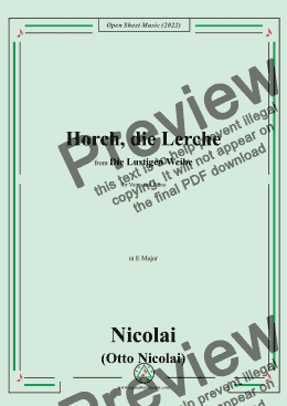 page one of Nicolai-Horch,die Lerche,in E Major,from Die Lustigen Weibe,for Voice and Piano