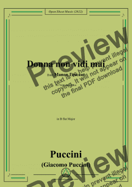 page one of Puccini-Donna non vidi mai,in B flat Major,from Manon Lescaut,for Voice and Piano