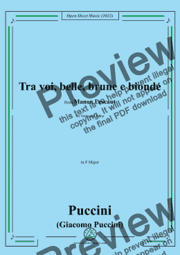 page one of Puccini-Tra voi,belle,brune e bionde,in F Major,from 'Manon Lescaut,SC 64',for Voice and Piano