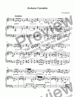 page one of Tchaikovsky, Pyotr - Andante Cantabile for 4-valves flugelhorn Bb & piano in B major original key