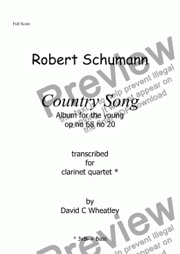 page one of Schumann 'Country Song' (album for the young) for clarinet quartet transcribed by David Wheatley