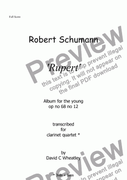 page one of Schumann 'Rupert' (album for the young) for clarinet quartet transcribed by David Wheatley