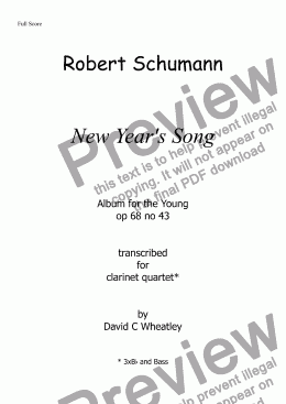 page one of Schumann 'New Year's Song' (Album for the Young) transcribed for clarinet quartet by David Wheatley