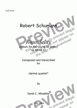 page one of Schumann 'Roundelay' (Album for the young) transcribed for clarinet quartet by David C Wheatley