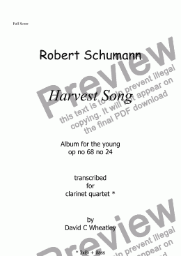 page one of Schumann 'Harvest Song' (Album for the Young) transcribed for clarinet quartet by David C Wheatley