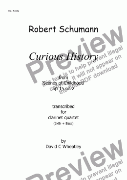 page one of Schumann 'Scenes from Childhood' op 15 no 2 transcribed for clarinet quartet by David C Wheatley