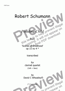 page one of Schumann 'Scenes from Childhood' op 15 no 4 transcribed for clarinet quartet by David C Wheatley 