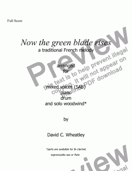 page one of Now the green blade rises for mixed voices (SAB with obbligato wind)