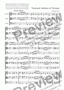 page one of Ukraine National Anthem, for String Trio