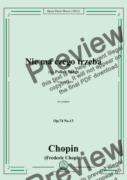 page one of Chopin-Nie ma czego trzeba(Melancholie),in a minor,Op.74 No.13,from Polish Songs 