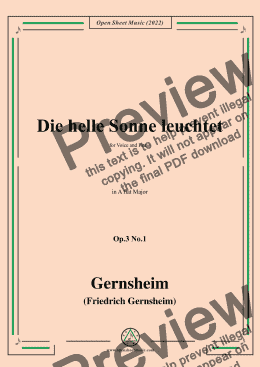 page one of Gernsheim-Die helle Sonne leuchtet,Op.3 No.1,in A flat Major,for Voice and Piano 