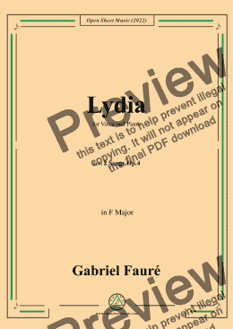 page one of Fauré-Lydia,in F Major,Op.4 No.2,from '2 Songs,Op.4',for Voice and Piano