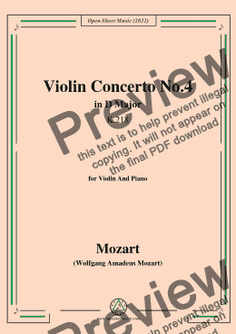 page one of Mozart-Violin Concerto No.4 in D Major,K.218,for Violin and Piano