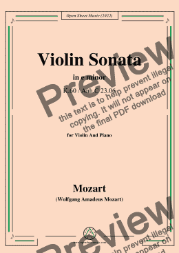 page one of Mozart-Violin Sonata in e minor,K.60/Anh.C 23.06,for Violin&Piano