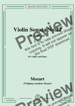 page one of Mozart-Violin Sonata No.22,in A Major,K.305,for Violin&Piano