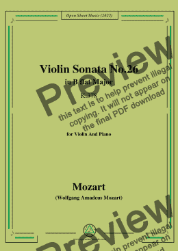 page one of Mozart-Violin Sonata No.26,in B flat Major,K.378,for Violin&Piano