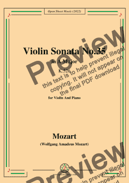 page one of Mozart-Violin Sonata No.35,in A Major,K.526,for Violin&Piano