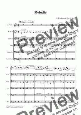 page one of Tchaikovsky Melodie OP. 42. No. 3 for Violin and String Orchestra