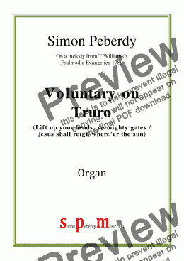 page one of Voluntary on Truro (Lift up your heads, ye mighty gates / Jesus shall reign where'er the sun) by Simon Peberdy on a melody published by T Williams 1789