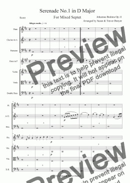 page one of Serenade No.1 in D - Brahms - Mixed Septet - Score