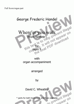 page one of Handel - 'Where'er you walk' (from Semele') arranged for Horn and organ