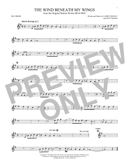 page one of The Wind Beneath My Wings (Recorder Solo)