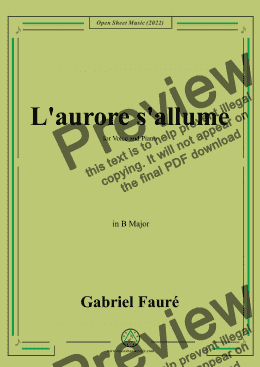 page one of Fauré-L'aurore s'allume,in B Major,for Voice and Piano